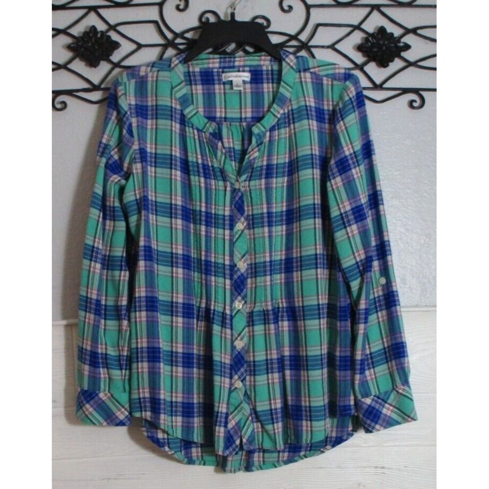 Croft & Barrow Women's Top Size L Long Sleeve Multicolored Plaid Round Neck